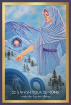 Tarot card with a figure in a blue robe pointing towards a celestial scene with mountains and trees.