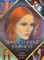 Cover of 'Transcendent Journeys Oracle' with illustrations of women and celestial elements.