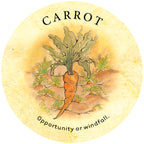 Round label with a carrot illustration and text on a yellow background