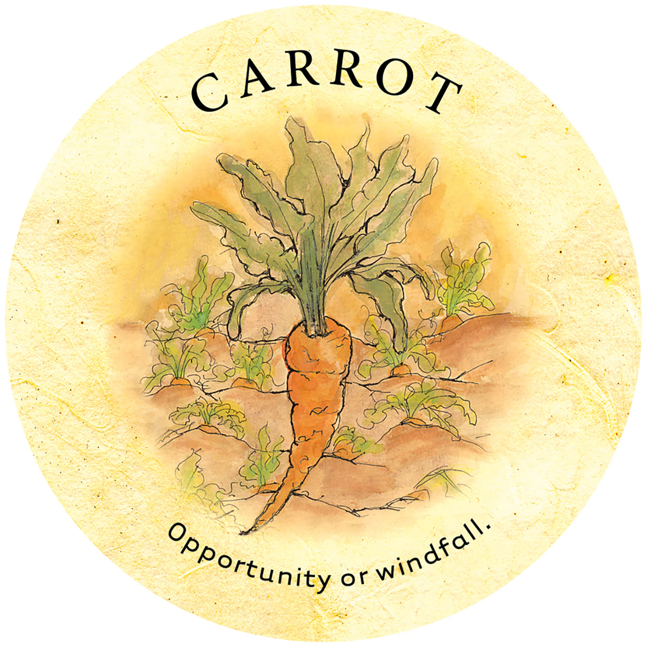 Round label with a carrot illustration and text on a yellow background