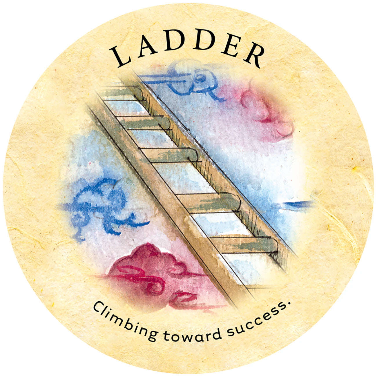 Circular sticker with a wooden ladder and text 'Ladder Climbing toward success.' on a textured beige background.