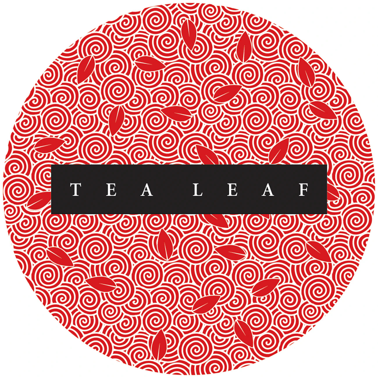 Circular red and white patterned label with 'TEA LEAF' text