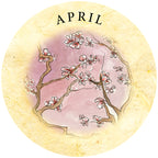 Circular design with cherry blossoms and 'APRIL' text on a textured beige background