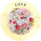 Round illustration with flowers, hearts, and the word 'LOVE' on a yellow background