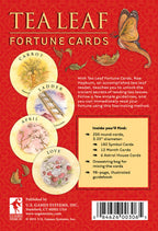 Back cover of Tea Leaf Fortune Cards packaging with illustrations and text on a red background.
