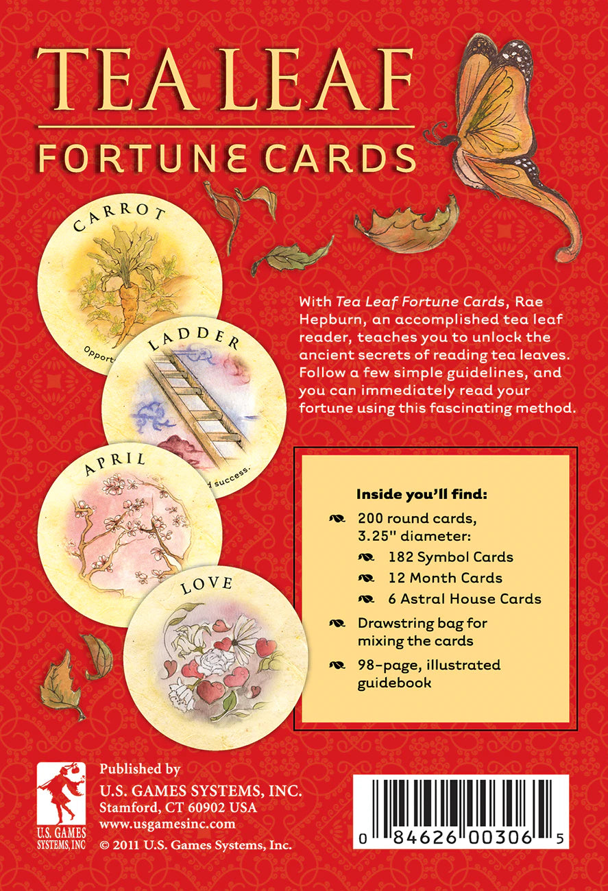 Back cover of Tea Leaf Fortune Cards packaging with illustrations and text on a red background.