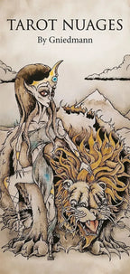 Illustration of a tarot card featuring a figure with a lion and mountains in the background, titled 'Tarot Nuages' by Gniedmán.
