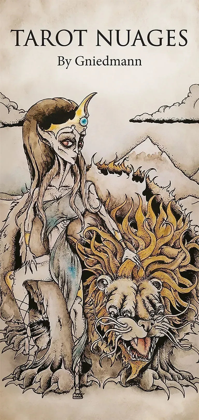Illustration of a tarot card featuring a figure with a lion and mountains in the background, titled 'Tarot Nuages' by Gniedmán.