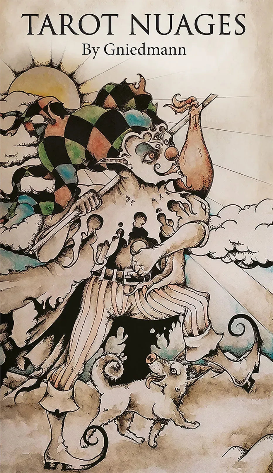 Cover of 'Tarot Nuages' by Gniedmán with stylized illustration of a figure and text.