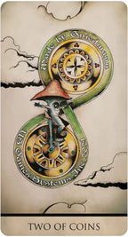 Card featuring a design with gears and a mushroom figure, labeled 'Two of Coins'.