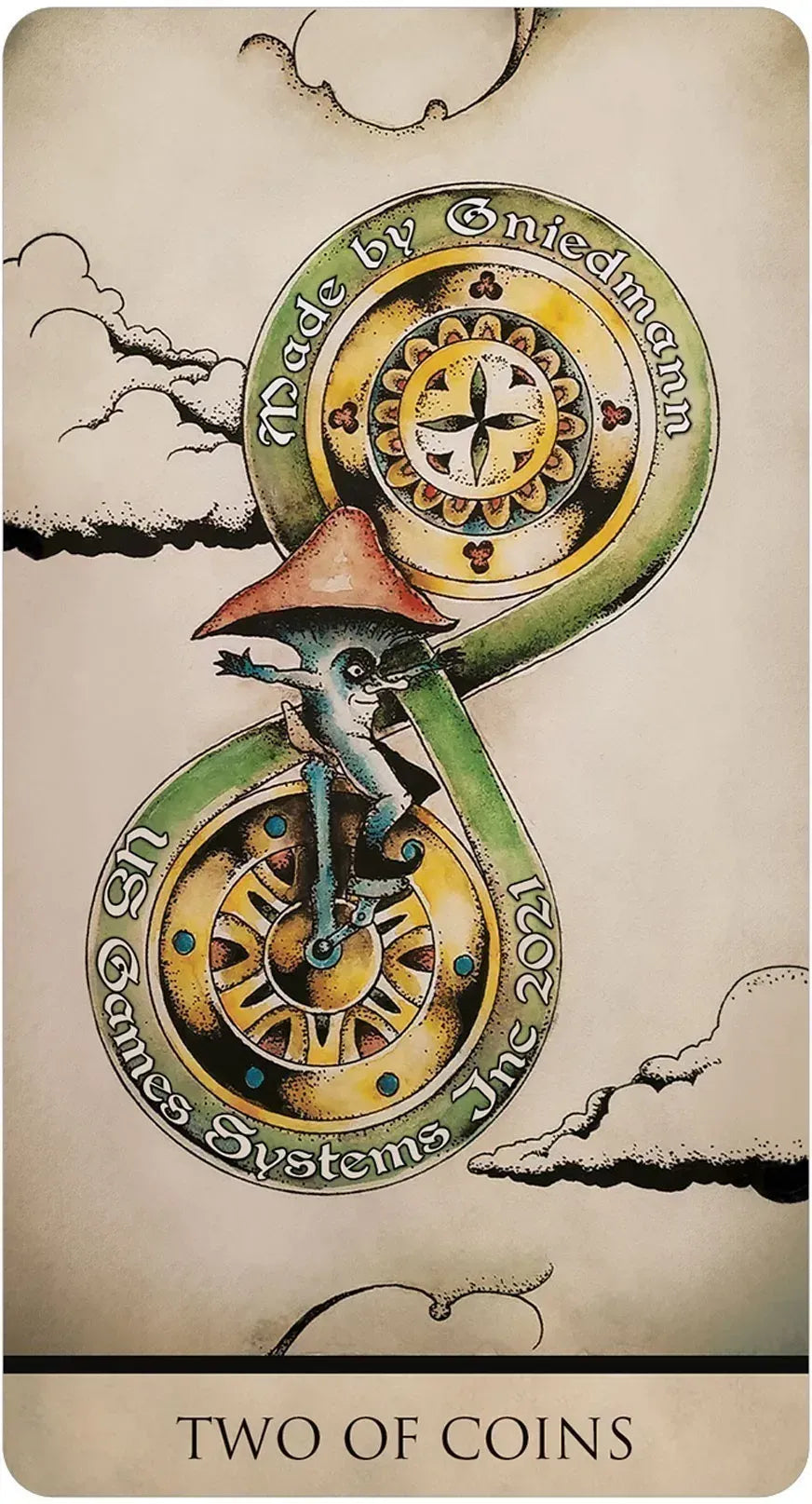 Card featuring a design with gears and a mushroom figure, labeled 'Two of Coins'.