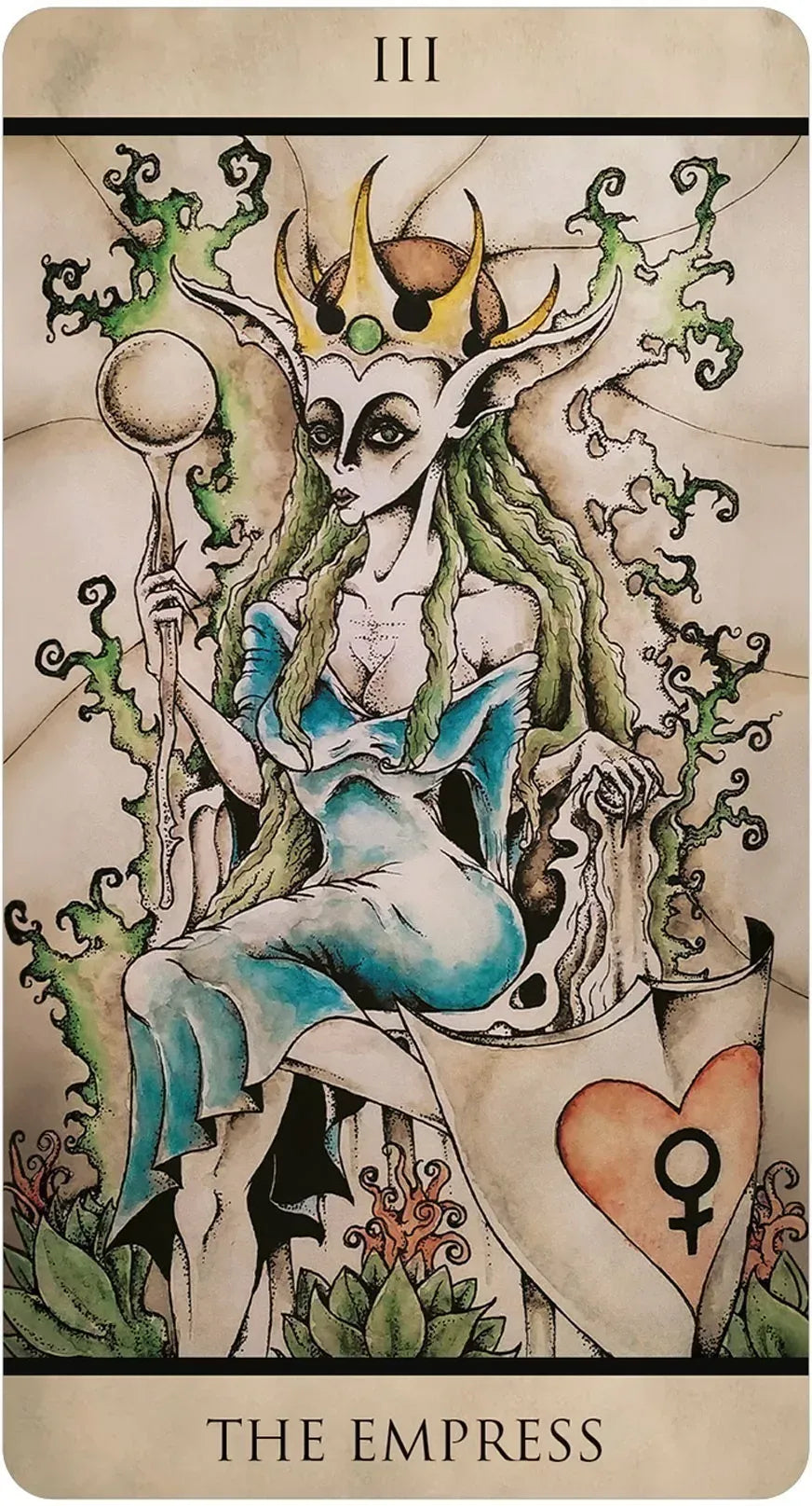 Tarot card featuring 'The Empress' with a stylized figure, heart symbol, and astrological sign.