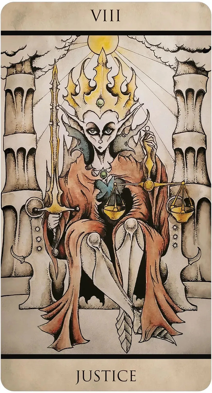 Tarot card titled 'Justice' featuring an alien figure with scales.