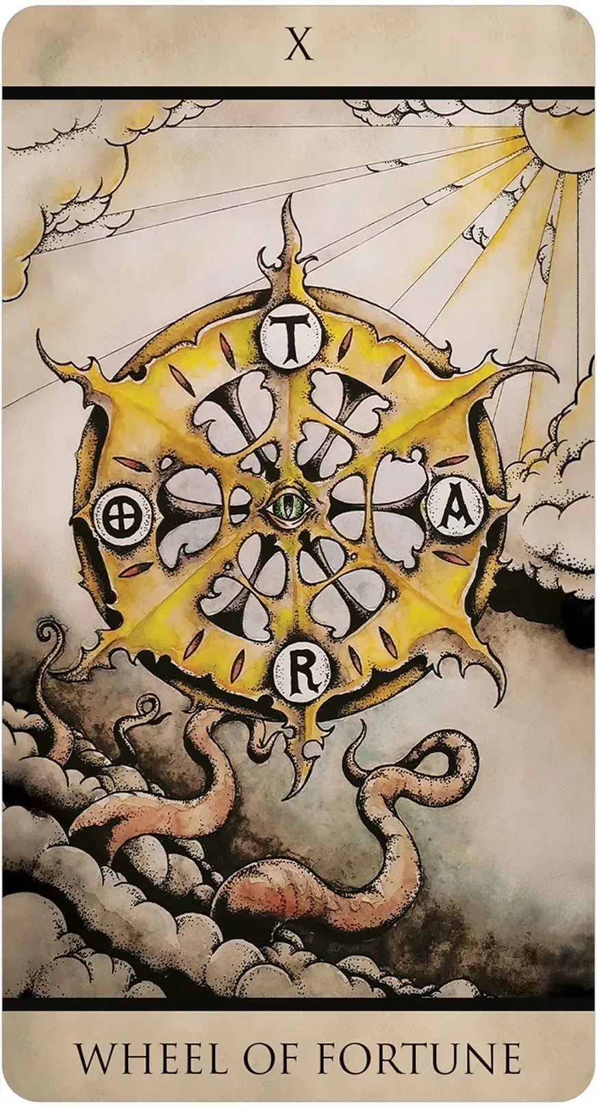 Tarot card featuring the 'Wheel of Fortune' with a yellow wheel and text on a beige background.