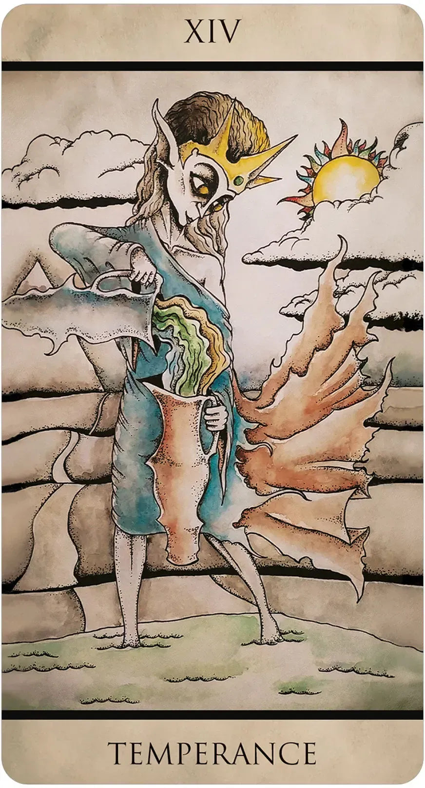 Tarot card titled 'Temperance' with a stylized figure and natural elements.