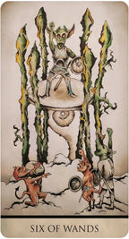 Card from a tarot deck featuring a goblin-like figure with wands, labeled 'Six of Wands'.