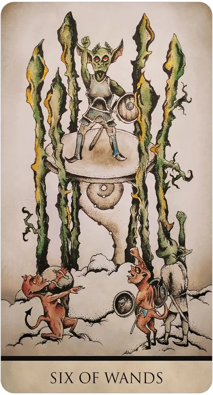 Card from a tarot deck featuring a goblin-like figure with wands, labeled 'Six of Wands'.
