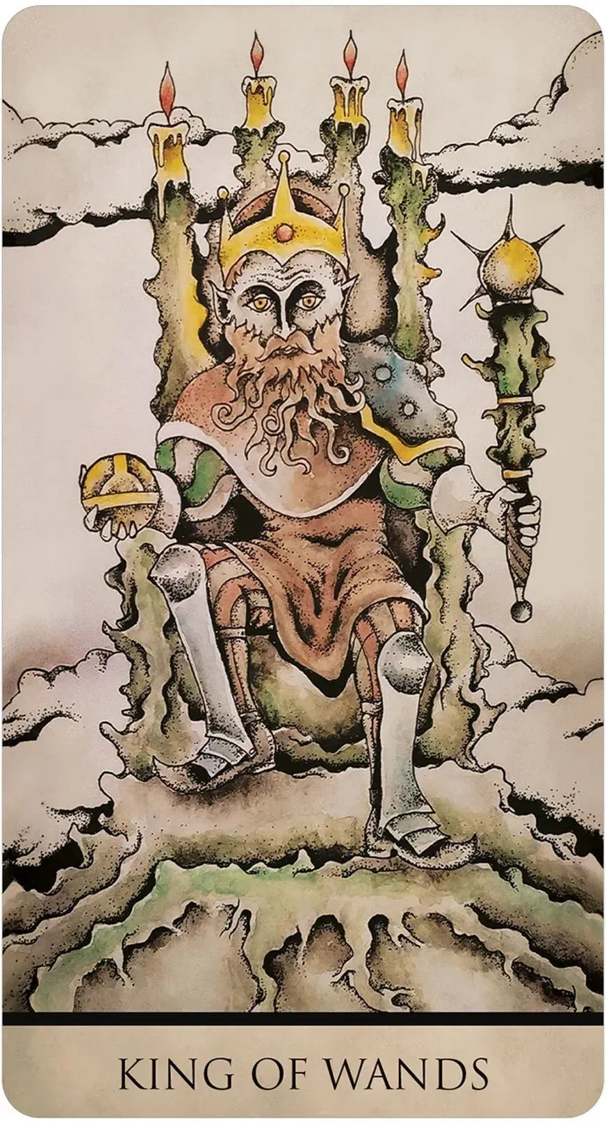 King of Wands tarot card with a figure on a throne, candles, and a sword.