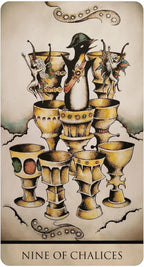 Card featuring a penguin among chalices with 'Nine of Chalices' text at the bottom.