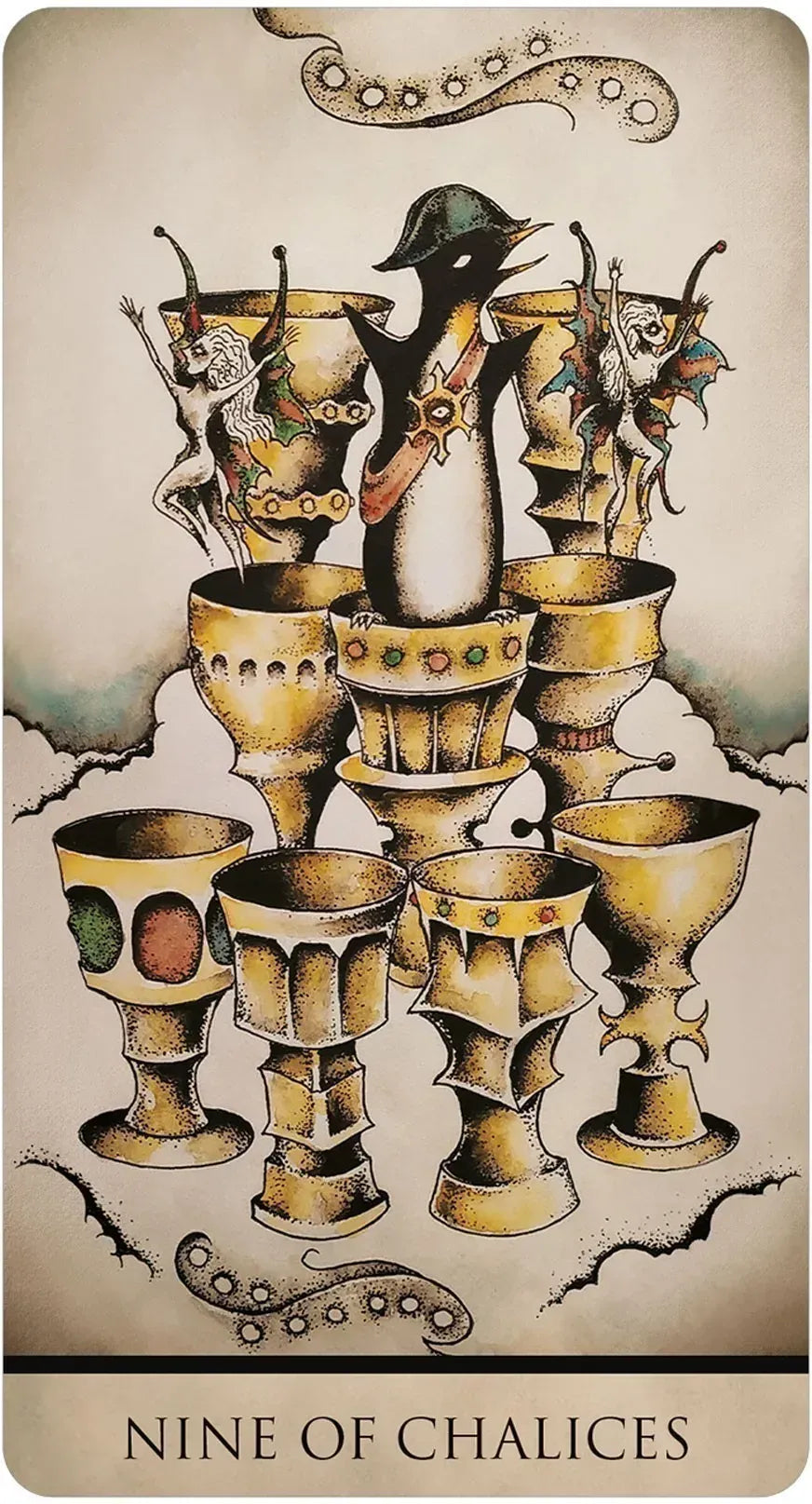 Card featuring a penguin among chalices with 'Nine of Chalices' text at the bottom.