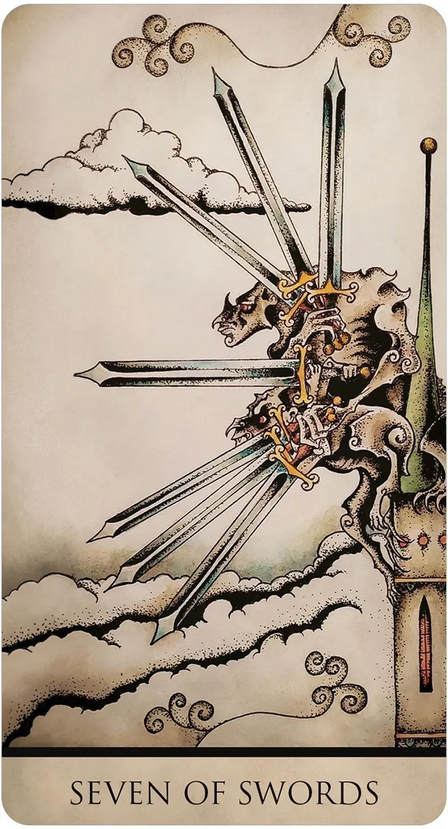 Tarot card featuring 'Seven of Swords' with intricate design and text.