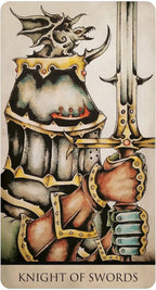Card featuring a knight in armor holding a sword with 'Knight of Swords' text below.