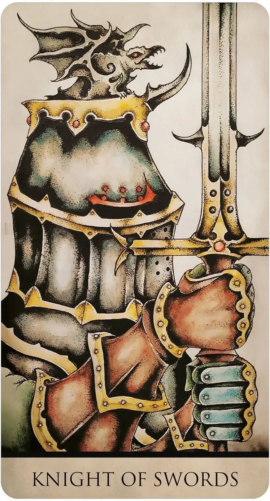 Card featuring a knight in armor holding a sword with 'Knight of Swords' text below.