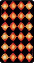 Patterned card with orange and red diamond shapes on a black background
