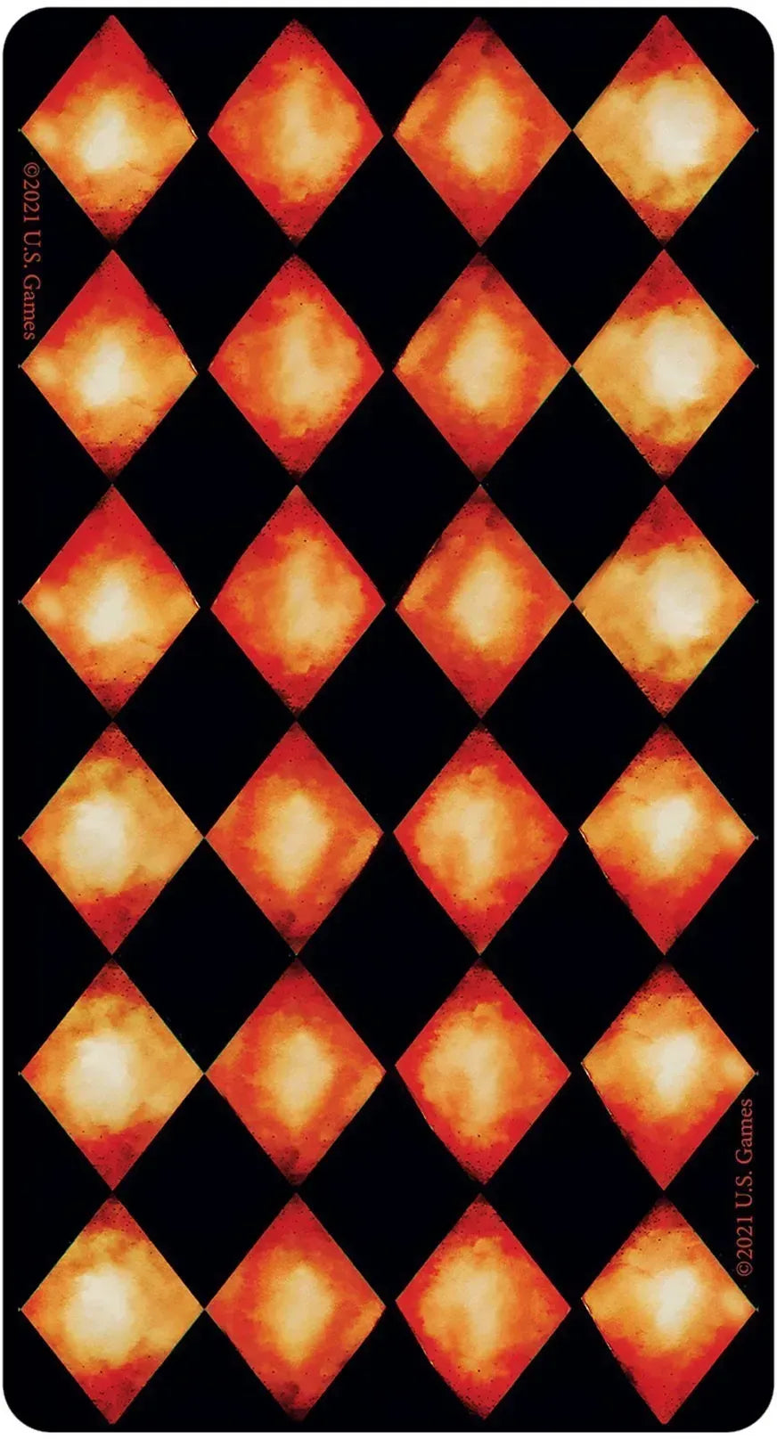 Patterned card with orange and red diamond shapes on a black background