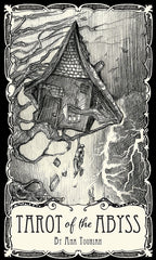 Illustration of a house being pulled into an abyss with text 'Tarot of the Abyss' by Ana Tournian.