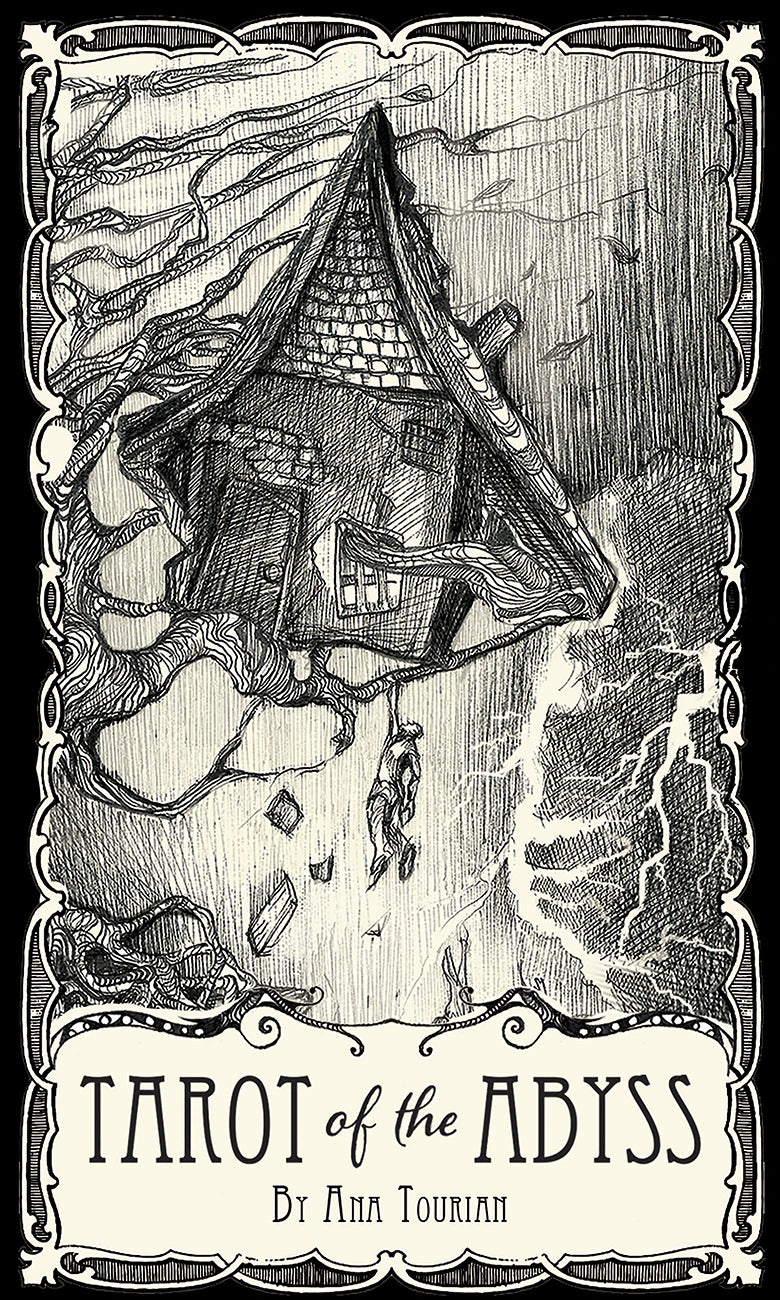 Illustration of a house being pulled into an abyss with text 'Tarot of the Abyss' by Ana Tournian.