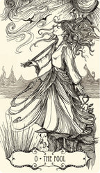 Illustration of 'The Fool' tarot card with a woman in a flowing dress against a stylized landscape.