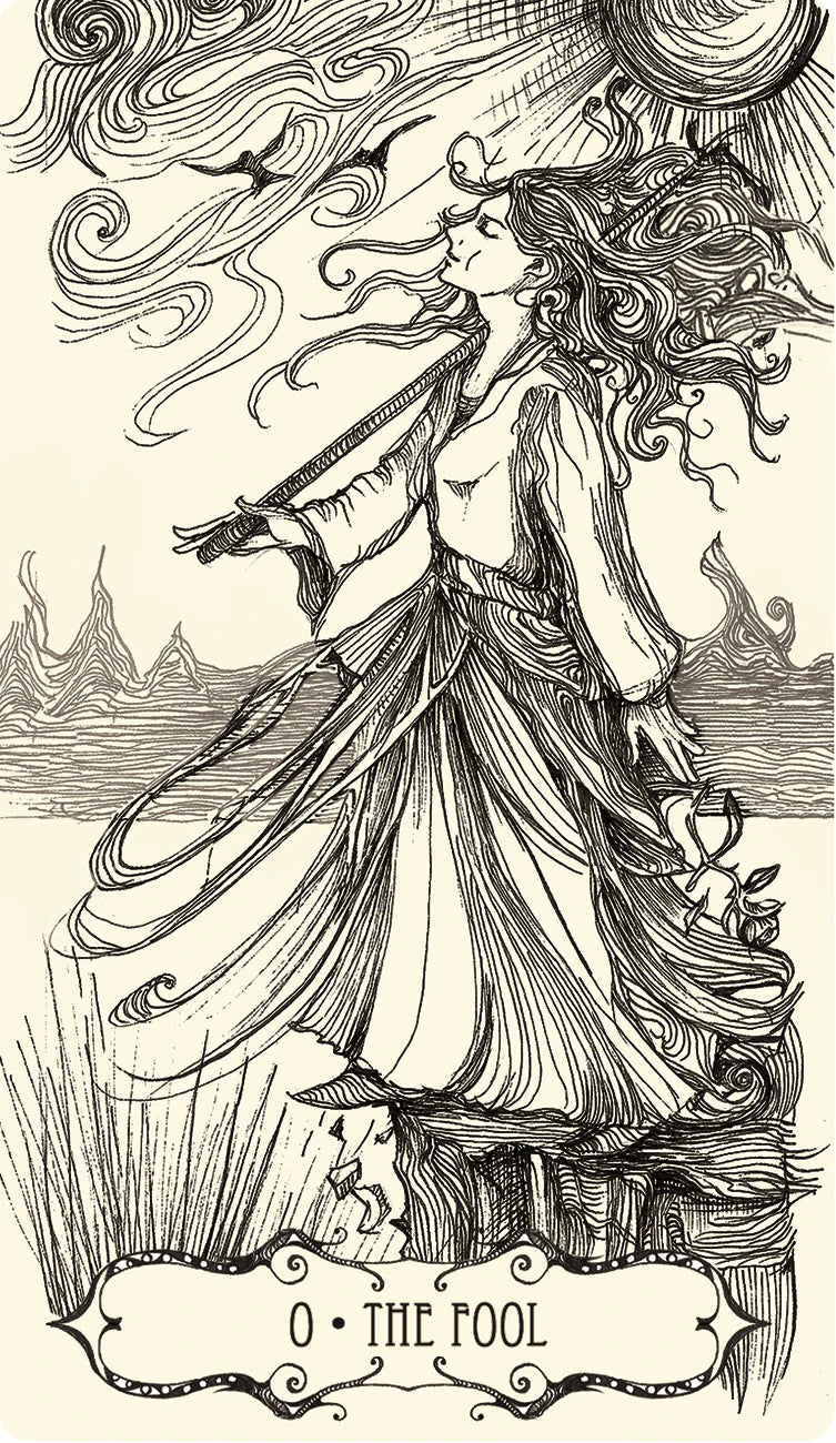 Illustration of 'The Fool' tarot card with a woman in a flowing dress against a stylized landscape.