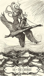 Black and white illustration of 'The Chariot' tarot card with a woman on a chariot over water.