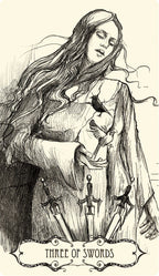 Illustration of a woman holding three swords with the text 'Three of Swords' at the bottom.