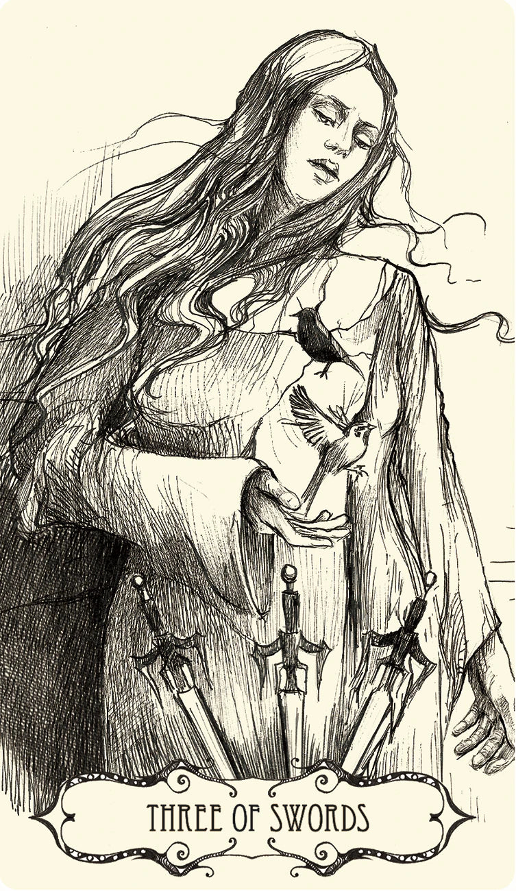 Illustration of a woman holding three swords with the text 'Three of Swords' at the bottom.