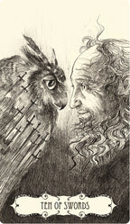 Illustration of a man and an owl with 'Ten of Swords' text, black and white.