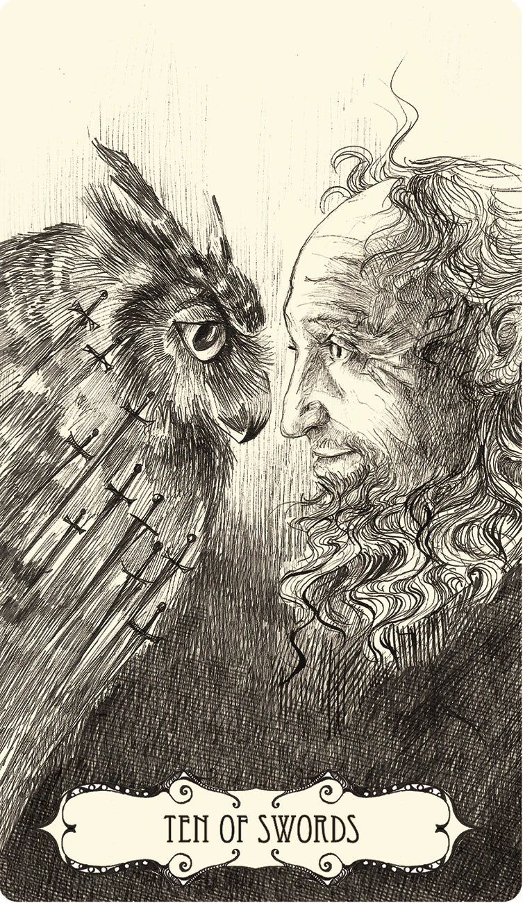 Illustration of a man and an owl with 'Ten of Swords' text, black and white.