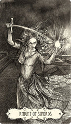 Illustration of a woman holding a sword with a tarot card design, labeled 'Knight of Swords'.
