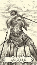 Illustration of a warrior with 'Seven of Wands' text in a stylized design.