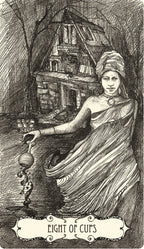 Illustration of a woman in a sari with a house in the background, labeled 'Eight of Cups'.