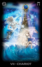 Tarot card featuring a figure on a horse with a tower and blue light in the background, labeled 'VII - Chariot'.