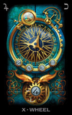Decorative card with a gold and blue wheel design on a dark background