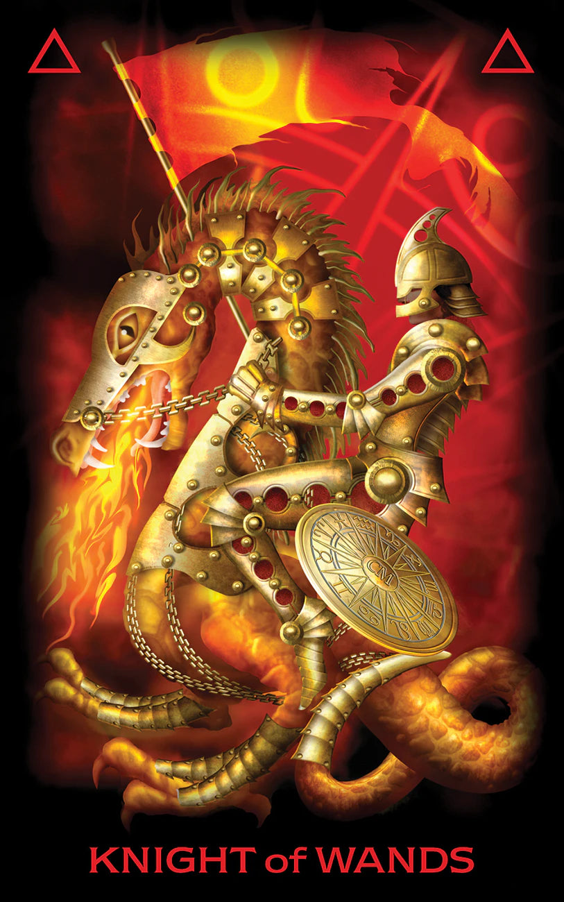 Decorative card featuring a knight on a horse with flames and text 'Knight of Wands' on a dark background.