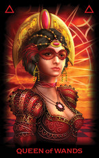 Card featuring a figure with elaborate jewelry and headdress, labeled 'Queen of Wands'.