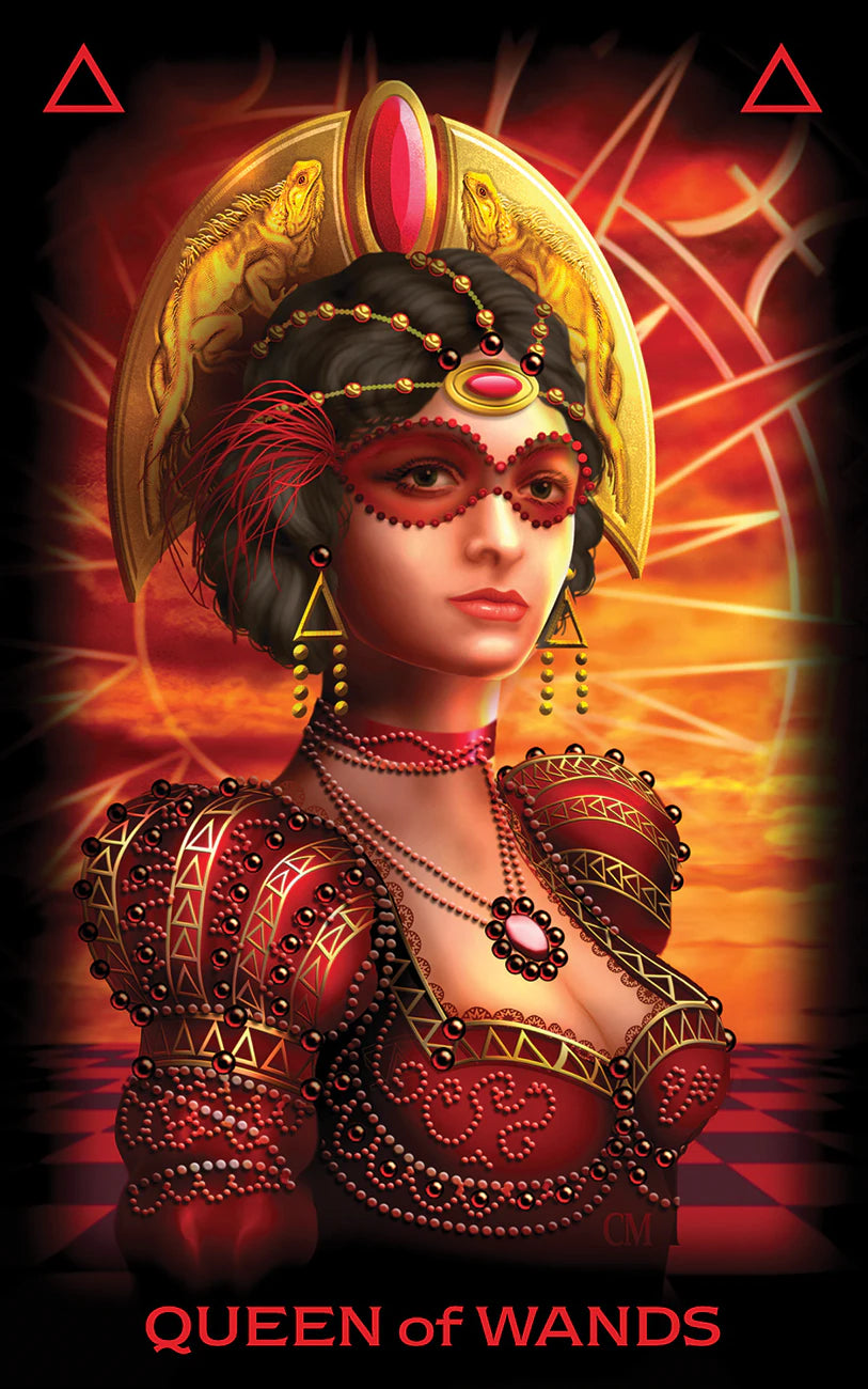 Card featuring a figure with elaborate jewelry and headdress, labeled 'Queen of Wands'.