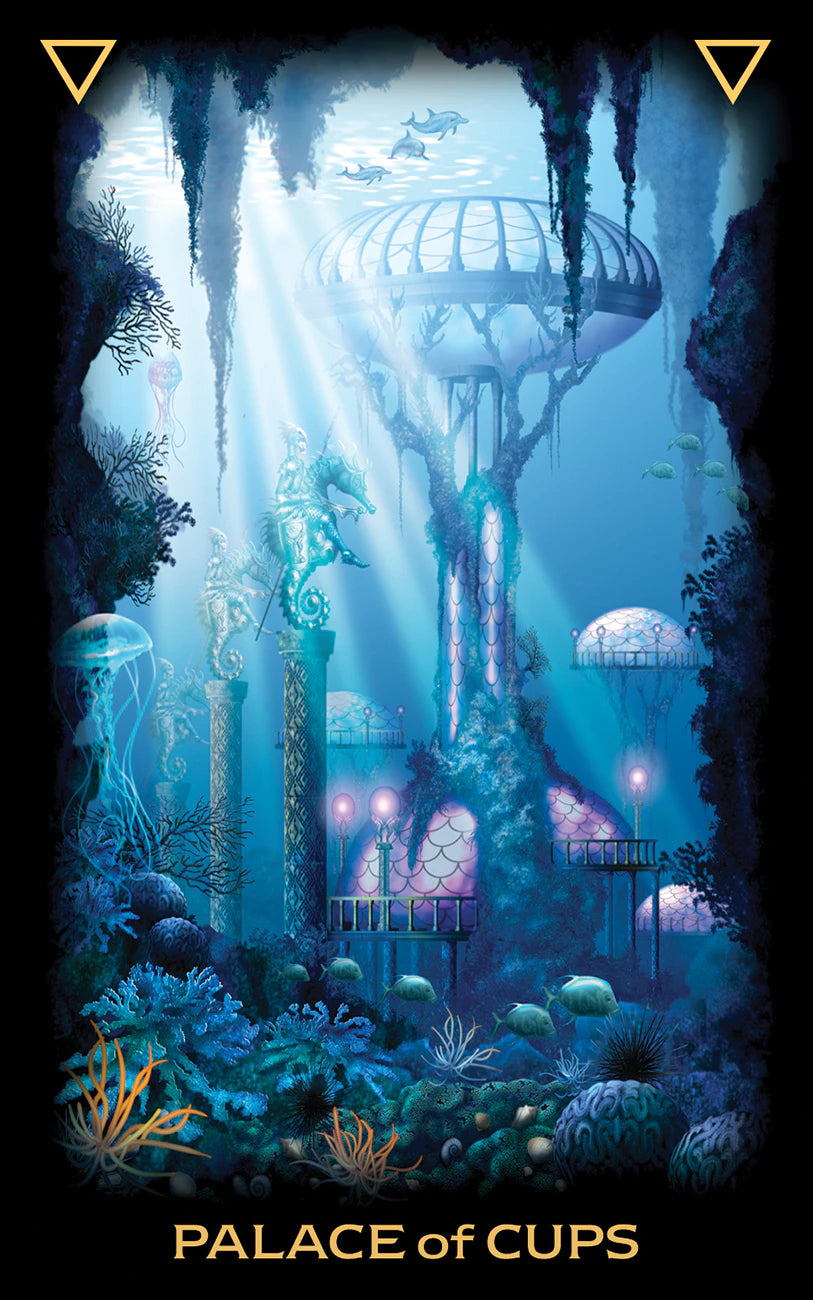 Fantasy underwater scene with a glowing tower labeled 'Palace of Cups'.