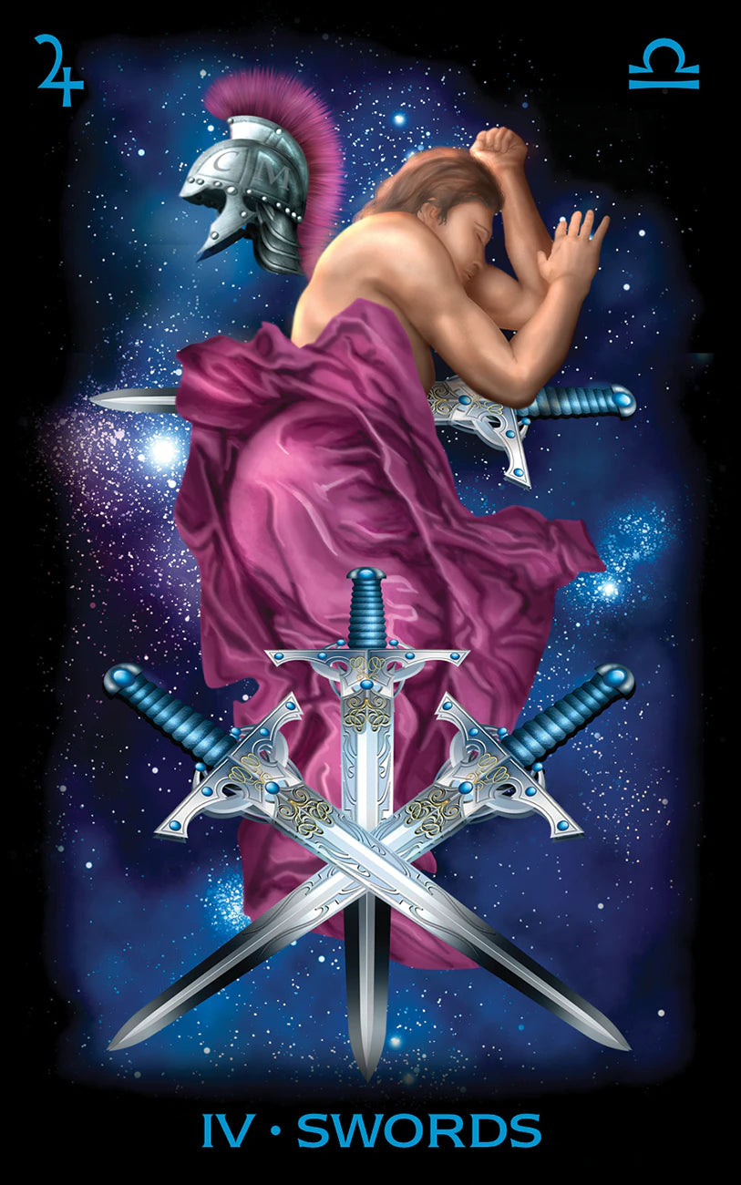Tarot card featuring a figure in a pink robe with crossed swords against a starry background