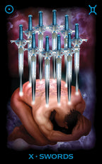 Illustration of a tarot card featuring 'X-Swords' with swords piercing a chest.