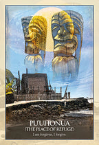Artistic depiction of a large stone sculpture with text 'Puôhonua (The Place of Refuge)' at the bottom.